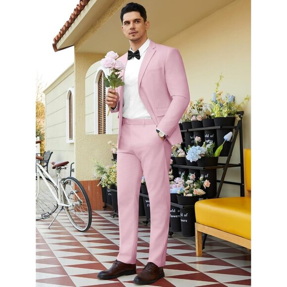Men's Pink Single Breasted Peak Lapel 2 Piece Two Button Blazer Wedding - Picture 2 of 7